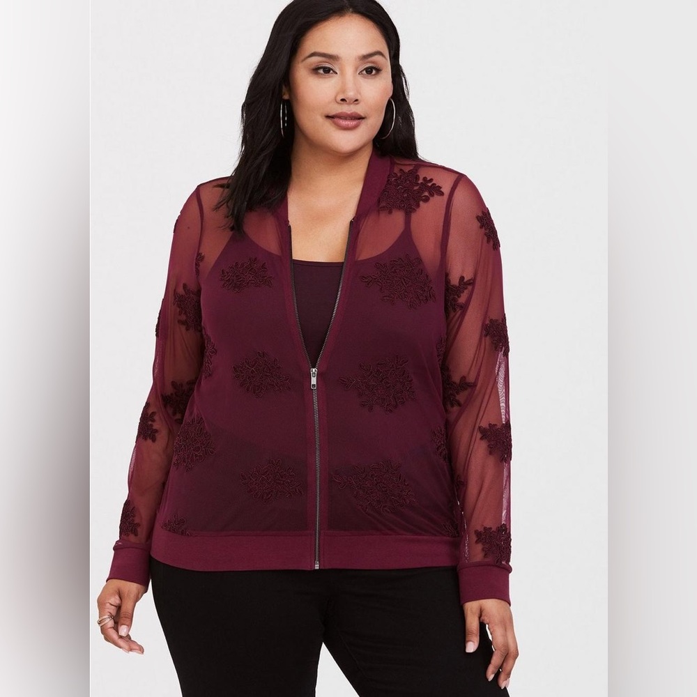 NWT Torrid Embroidered Sheer Mesh Lace Zip Up Bomber Jacket 2X Plus Size